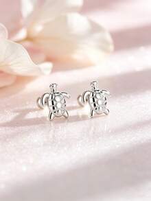 1 Pair 925 Sterling Silver Hypoallergenic Sea Turtle Stud Earrings, Cute & Playful, Spiral Ear Plugs Won't Fall Off, Delicate & Adorable, Gift Box Packaging, Suitable For Daily Wear Or Holidays - one-size - View 5
