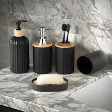 Black Bathroom Accessory Set, Includes Soap Dispenser, Toothbrush Holder, Rinse Cup And Soap Dish, Suitable For Farmhouse Decor - Black Suit - View 4