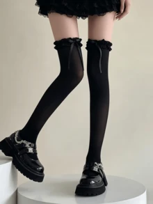 1双蝴蝶结蕾丝过膝袜，适合搭配半身裙 - 彩色 - 查看 2