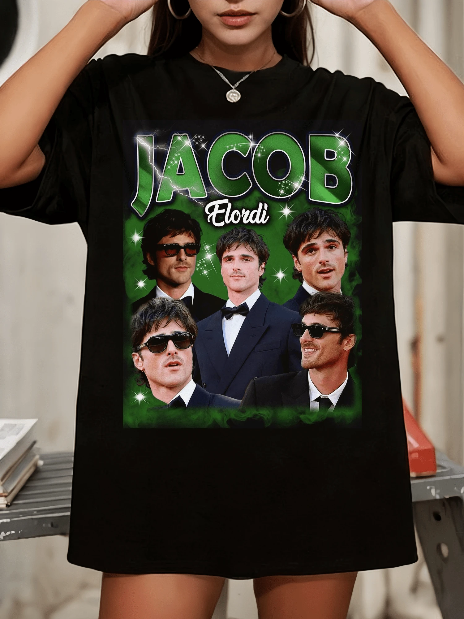 JacobS ElordiS Celebrity Sparkle Print Loose Fit Crew Neck Tee - Black - View 1