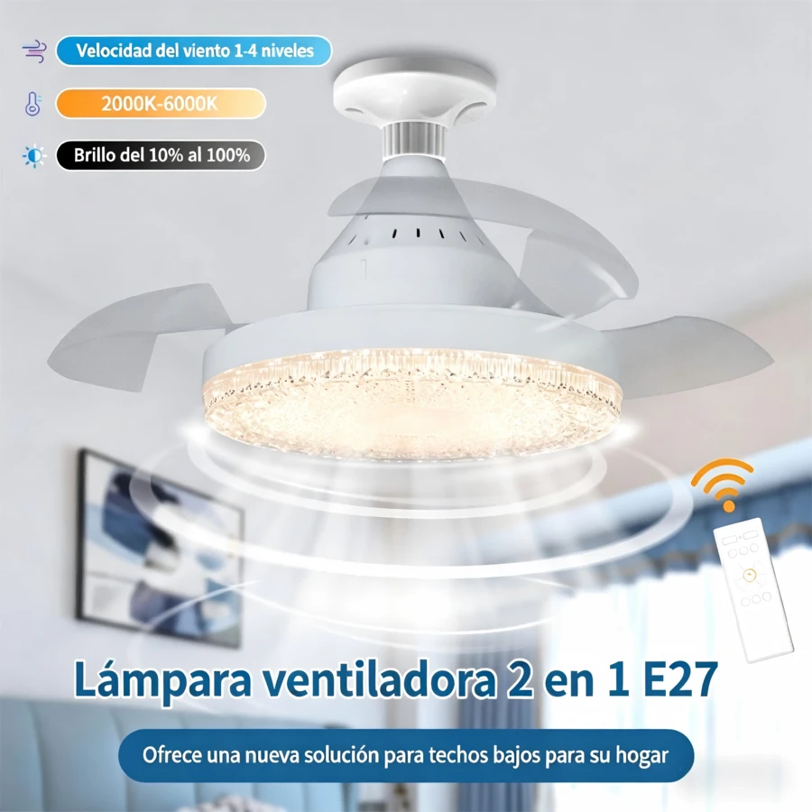 3-Speed Remote Controlled Retractable Ceiling Fan With LED Light, Invisible Crystal Acrylic Fan, Silent, For Dining Room, Bedroom, Living Room - White - View 1