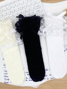 1/3 双可爱百搭镂空花卉蕾丝荷叶边蝴蝶结洛丽塔袜子 - 彩色 - 查看 11