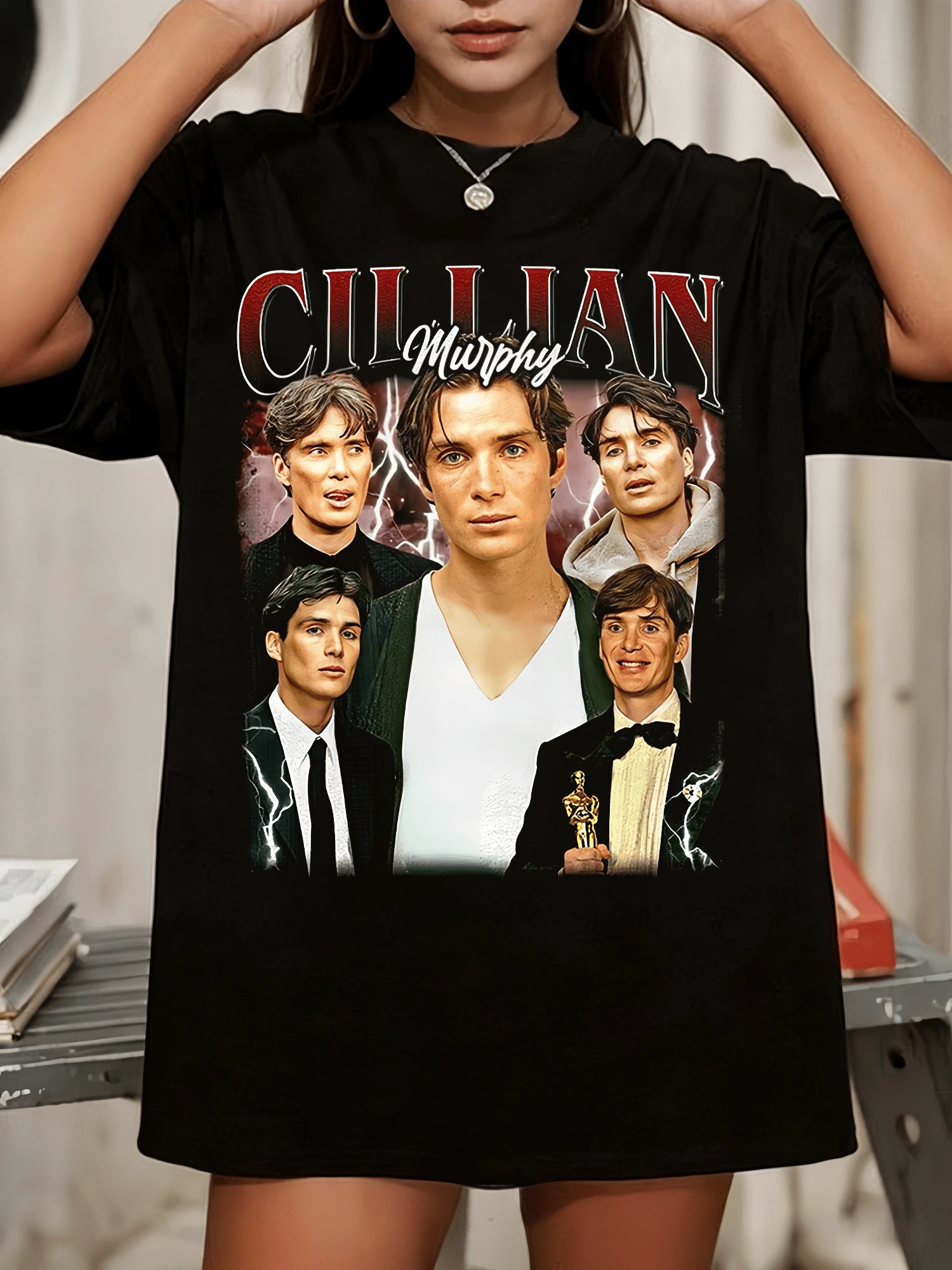 C-CillianS Murphy Oppenheimer Actor Retro Lightning Print Loose Fit Crew Neck Tee - Black - View 1