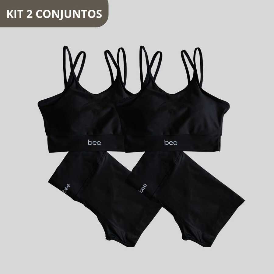 Kit Of 2 Bee Zero Transparency Premium Comfortable Fitness Sets: High-Waisted Shorts, Cropped Top With Padding, Perfect For Workouts And Gyms - 黑色和黑色 - 查看 1