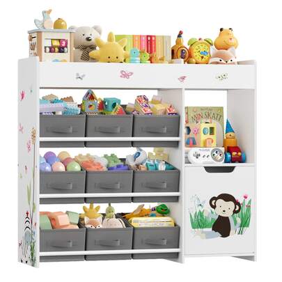 Kid's Toy Storage Unit, Children's Toy Box Organiser With 9 Non-Woven Fabric Bin, Large Bookshelf Rack Cabinet For Nursery, Kindergarten, Playroom, White
