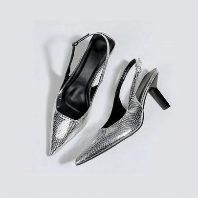 女士银色搭扣时尚露趾高跟鞋，派对礼服鞋，玛丽珍鞋，正式鞋，尖头套脚高跟鞋