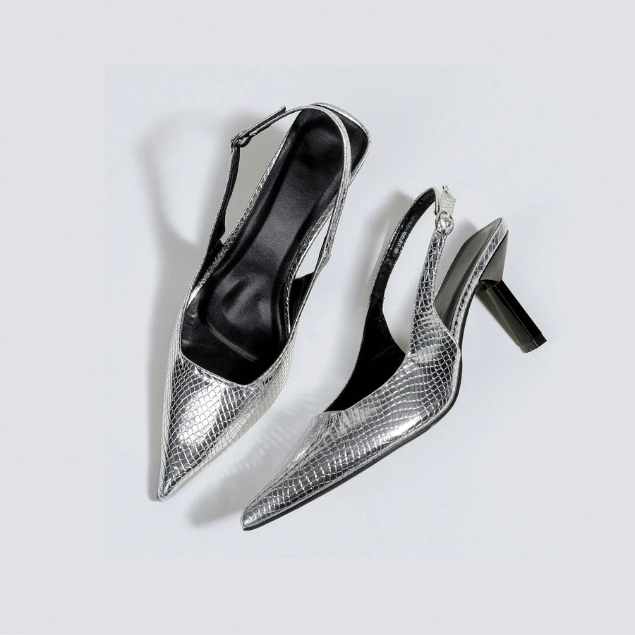 女士银色搭扣时尚露趾高跟鞋，派对礼服鞋，玛丽珍鞋，正式鞋，尖头套脚高跟鞋 - 銀色 - 查看 1