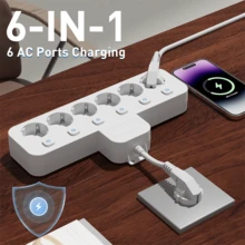 EU Typ C/E/F Stecker 220-240V Weiß Schwarz Desktop Ladestation 6-in-1 kurz/lang Schreibtisch/Wand Steckdosenleiste mit 6 AC Steckdosen 6 Schaltern individuelle Schaltersteuerung geeignet für Reisen Zuhause Büro Memorial Day Sommerbeginn Weiß/Schwarz - EU E-Typ Stecker (220-240V) - Übersicht 7