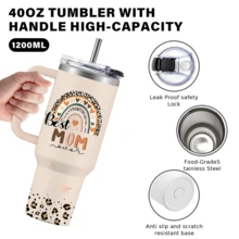 40oz Insulated Tumbler With Handle, Best Mom Ever Leopard Rainbow Print Stainless Steel Travel Mug, Reusable Coffee Cup With Straw & Lid For Mom, Mother's Day Gift For Mom, Ideal For Home, Office, Outdoor - Multicolor - View 4
