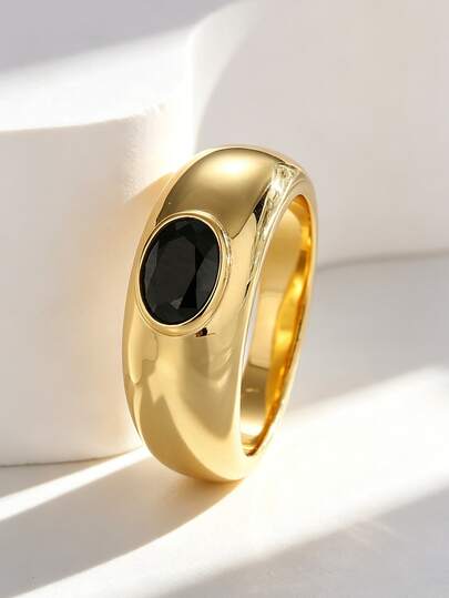 Charm-In 18K Gold Plated Black CZ Domed Signet Ring, Bold Minimalist Statement Jewelry For Women