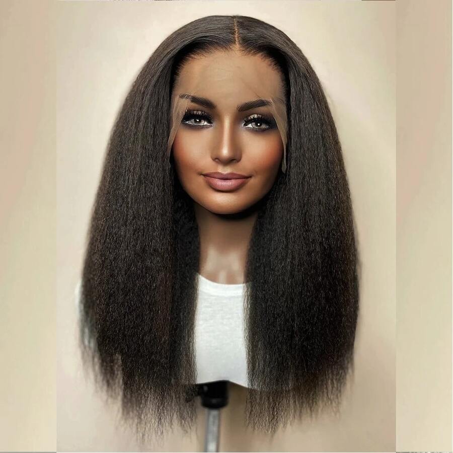 1PS 26inch 180density Long Black Kinky Curly Deep 13*4*1 Lace Front Wigs For Women With Babyhair Preplucked Daily Synthetic Hair Wig - Black - View 1