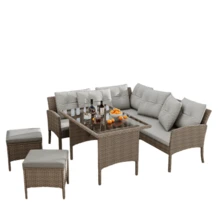 Poly Rattan Dining And Lounge Set For 7 People, With Sofa, Table, Stool And Cushions, Removable And Washable Fabric Cover, Khaki Color. - 卡其色 - 查看 1