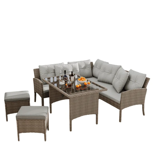 Poly Rattan Dining And Lounge Set For 7 People, With Sofa, Table, Stool And Cushions, Removable And Washable Fabric Cover, Khaki Color.