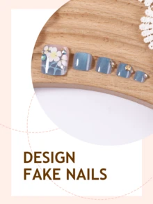 Y2K Floral Acrylic Toenail Stickers 24Pcs Holographic Rectangular Press On Toenails, DIY 3D Cat Eye Artificial Nails, Decorated With Starfish, Seashells, Gold Beads, And Rhinestones, Ideal For Nail Salons, Everyday Wear For Women, Holiday Parties, And As Gifts - Multicolor - View 3