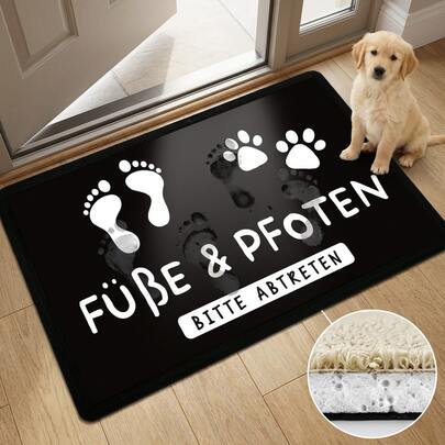 1 pieza Felpudo de entrada, superficie de terciopelo suave con espuma de rebote de 10 mm. Es absorbente de agua y resistente a las manchas, con diseños de huellas de pies y patas hechos de poliéster para resistencia al desgaste y durabilidad. Adecuado para entradas interiores y exteriores, felpudos de cocina de secado rápido, salas de lavandería y alfombras de baño. Naturalmente duradero.