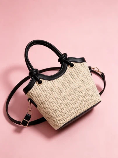 1个撞色草编沙滩包，优雅女士手提包，休闲水桶包，沙滩草编手提包，单肩包，适合存放钱包、手机、化妆品，是海滩度假、夏季郊游、旅行必备的完美之选，也是母亲节、宰牲节的绝佳礼物。