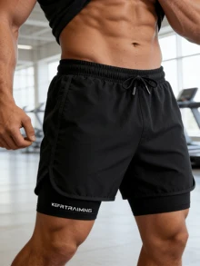 Men's 2-In-1 Shorts, 1pc, Drawstring Design With Printed Pattern, Comfortable Fabric, With Pockets, Suitable For Sports And Outdoor - Black - View 1