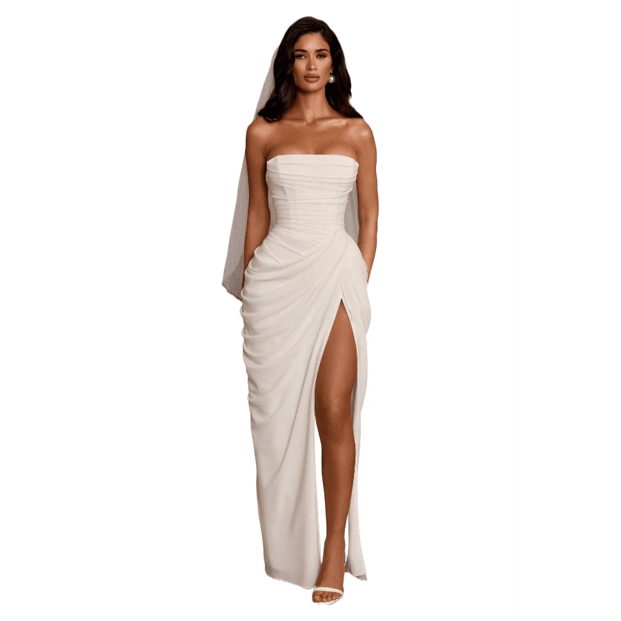 Asymmetrical Pleated High Split Dress - White - View 1