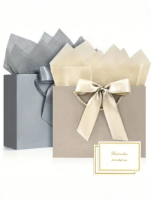 4pcs/Set Gift Bags Set, Champagne Silver Gray Gift Bag Set, Luxury Gift Bags With Handles, Bow Decor Paper Gift Bags With Tissue Paper Card And Ribbon For Wedding Birthday Valentine Bridesmaid Christmas Party Gift Packaging - Silver-gray - View 2