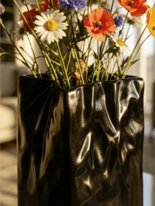 1Pc Glossy Black Wrinkled Texture Square Resin Vase - Nordic Modern Minimalist Luxury Flower Vase For Living Room, Entryway & Desktop | Home Decor, Room Decor, Vintage Decor, Boho Decor, Desk Decor, Unique Gift, Table Centerpiece, Housewarming Gift - New Model - View 2