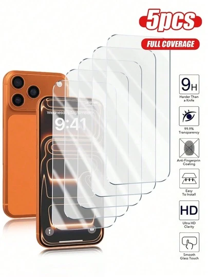 5片装钢化玻璃屏幕保护膜，兼容 16/16 Plus/16 Pro/16 Pro Max/15/14/13/12/11 Pro Max/X/XS/XR/Mini/7/8/14 Plus，也适用于 14/15 Pro Max