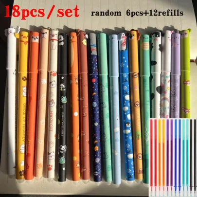 18 Stücke Löschbare Stift Set (6 Stifte zufällig + 12 Nachfüllungen), farbige Tinte, Tieroptik, Löschbare Stift Nachfüllungen geeignet für Büro & Schreiben
