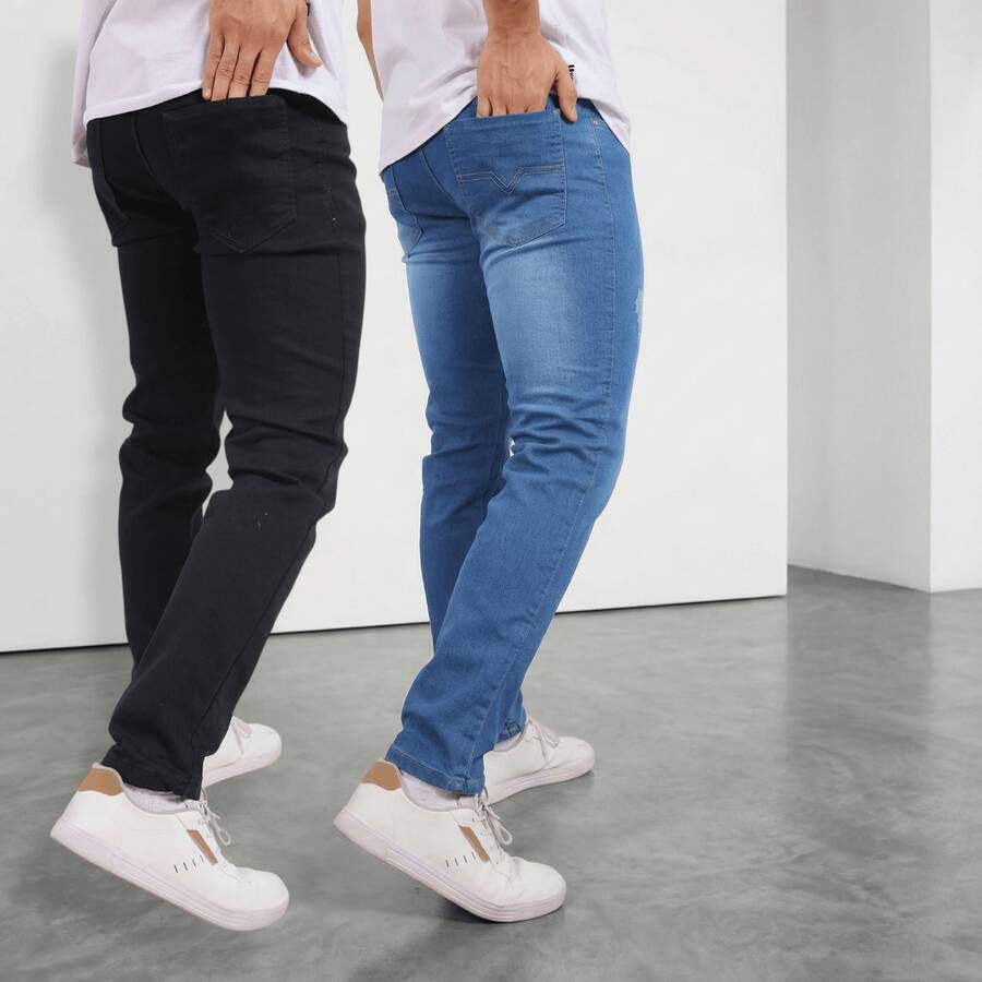 Set Of 2 Men's Denim Pants With Elastane, Slim Fit, Casual, Comfortable, Basic Style - preta/média - Ver 1