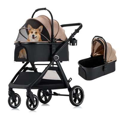 3 In1 Pet Stroller For Small/Medium Dogs, Foldable Dog Stroller With Detachable Carrier, 4 Wheels Cat Stroller, 3 In 1 Pet Stroller For Dogs Cats Up To 50 Lbs, With Cup Holders,Easy Assembly, Khaki