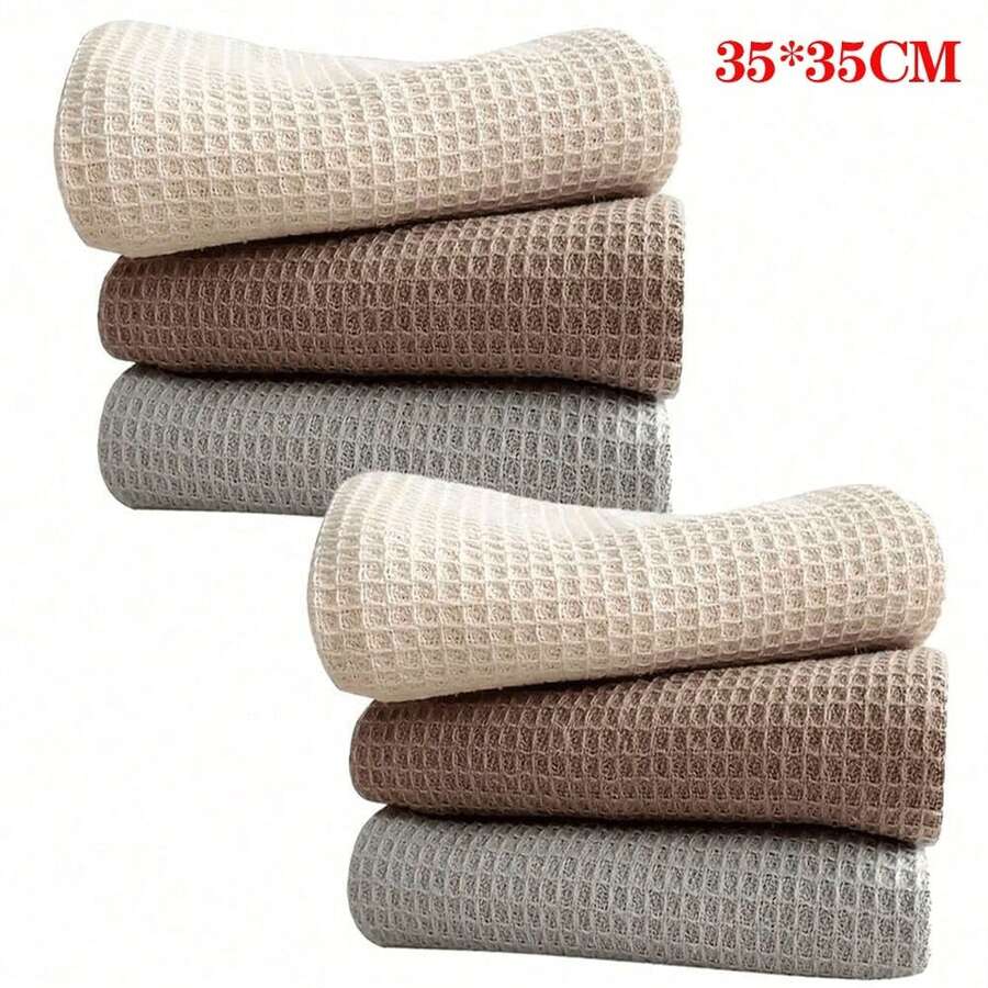 3/6pcs Super Absorbent Waffle Weave Kitchen Towels - Thick Soft Pure Cotton Cleaning Drying Cloths - Modern Square Design - 35*35cm - View 1