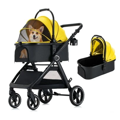 3 In 1 Pet Stroller, Dog Stroller For Small Medium Dogs Cats Up To 50lbs, Cat Stroller With Removable Carrier, One Click Folding Dog Strollers,  All-Terrain 4 Wheels Pet Stroller, Yellow