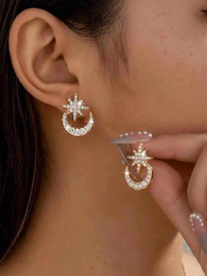 2pcs Rhinestone Moon & Star Decor Stud Earrings, Minimalist Celestial Jewelry For Women For Daily Wear