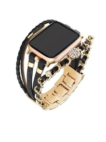 Applicable To Compatible With Apple Watch Stainless Steel Spliced Genuine Leather Multi-Element Jewelry Strap - Multicolor - View 3