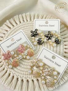 Cute Enamel Starfish & Shell Pearl Earrings, Beach Ocean Animal Jewelry Gift For Women - Multicolor - View 1