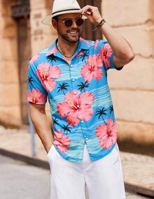 Men's Hawaiian Shirt Short Sleeve Tropical Print Button Down Summer Beach Casual Lightweight Breathable Top - 6MT31 - 查看 3