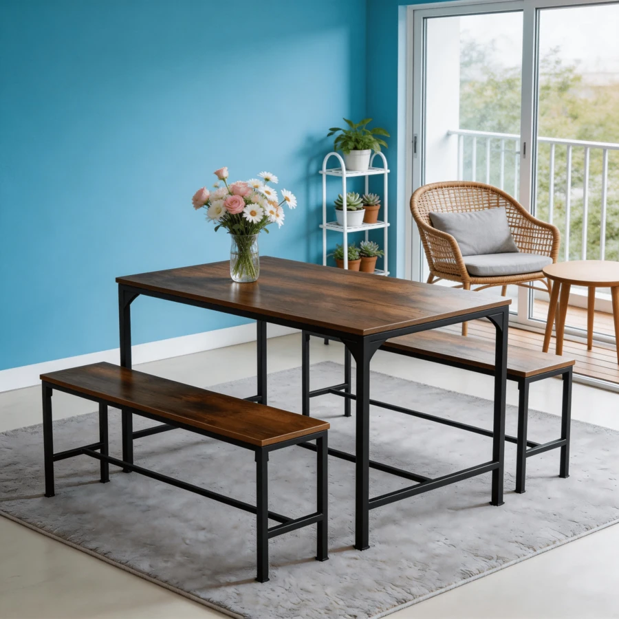 Rustic Table And Bench Set, Sturdy Metal Frame Table, Easy To Assemble - Brązowy - Zobacz 1