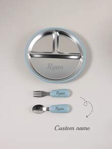 1pc Customizable Name 3-Compartment Divided Plate, Detachable 304 Stainless Steel Inner Bowl + Heat-Resistant Silicone Outer Shell, Round Non-Slip Suction Toddler Meal Tray - Multicolor - View 3