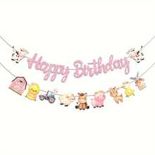 1 Set Pink Cow Ranch Themed Farm Happy Birthday Banner, Fun Barn Party Decoration, Suitable For Birthday Parties, Family Gatherings, Yard Decorations, Party Decorations - View 1