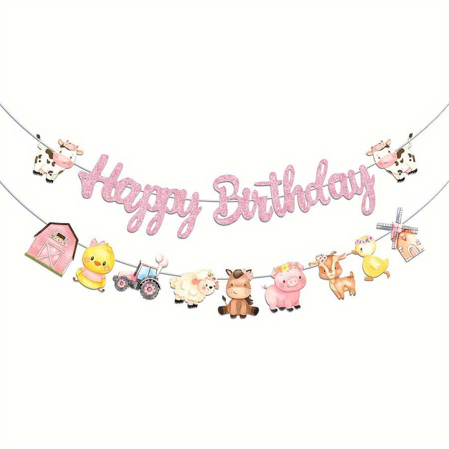 1 Set Pink Cow Ranch Themed Farm Happy Birthday Banner, Fun Barn Party Decoration, Suitable For Birthday Parties, Family Gatherings, Yard Decorations, Party Decorations - View 1
