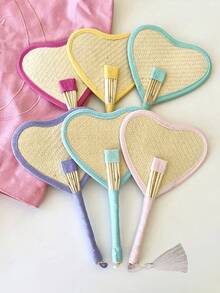 1 pieza Abanico portátil de verano tejido de colores con borlas, abanico manual de paja con efecto dopamina, abanico de paja hecho a mano con forma de corazón y flor para refrescarse en picnics, fotos, playa, bodas, fiestas y eventos de verano, decoración bohemia - Multicolor - Ver 4