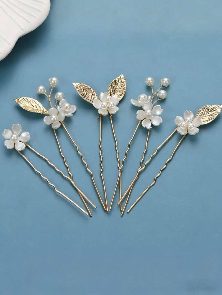 5 pièces Pinces à cheveux faites main avec fleurs de perles et feuilles, accessoires pour mariée, mariage, port quotidien, fête et autres occasions, festival, anniversaire - Doré - Voir 1