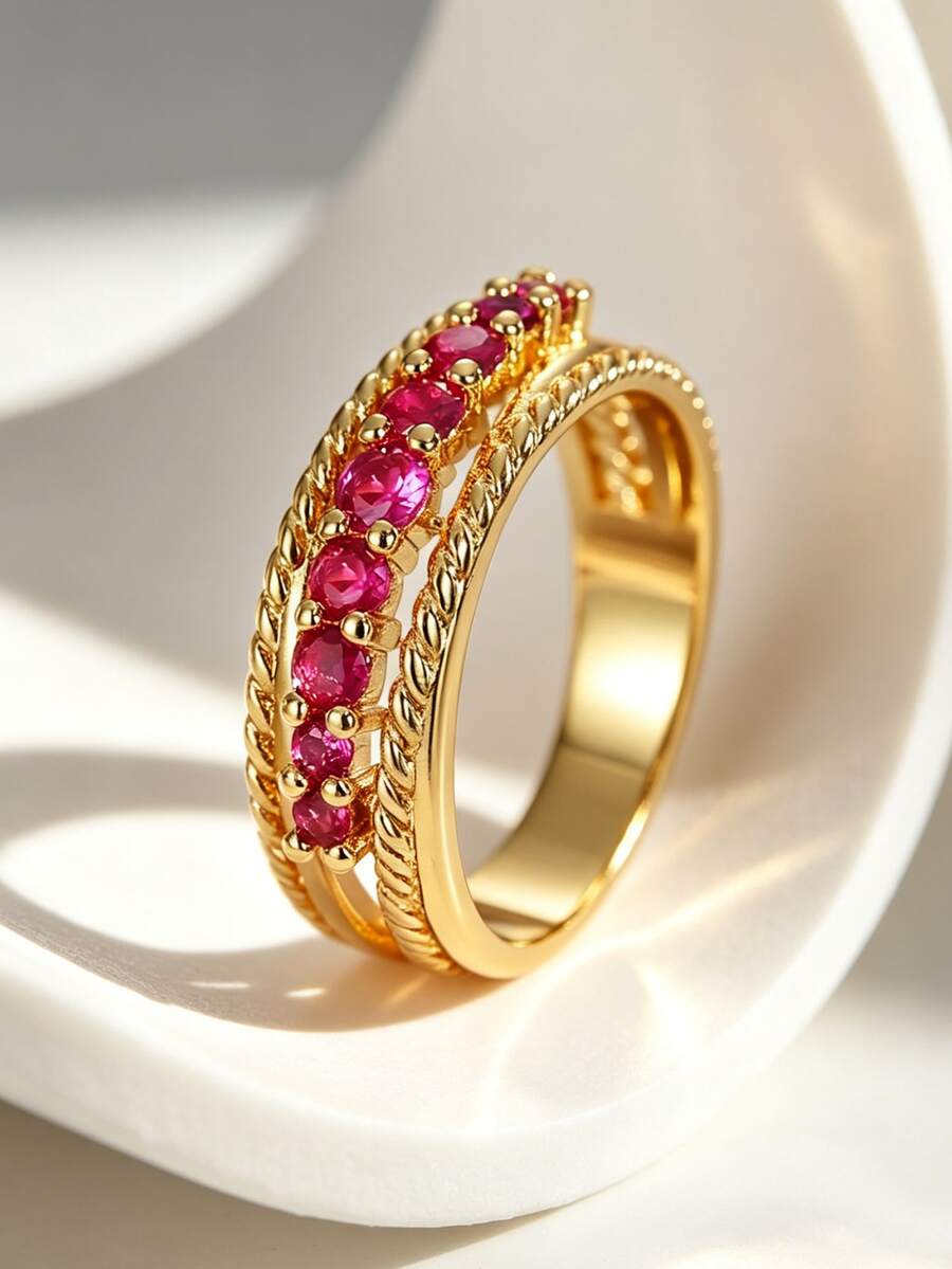 Charm-In Hypoallergenic 18K Gold Plated Copper Ring With Ruby CZ, Vintage Rope Design Eternity Band For Women, Tarnish-Resistant Jewelry For Daily Wear, Anniversary Gift - Gold - View 1