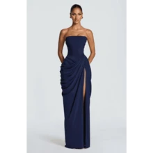 Asymmetrical Pleated High Split Dress - 深藍色 - 查看 6