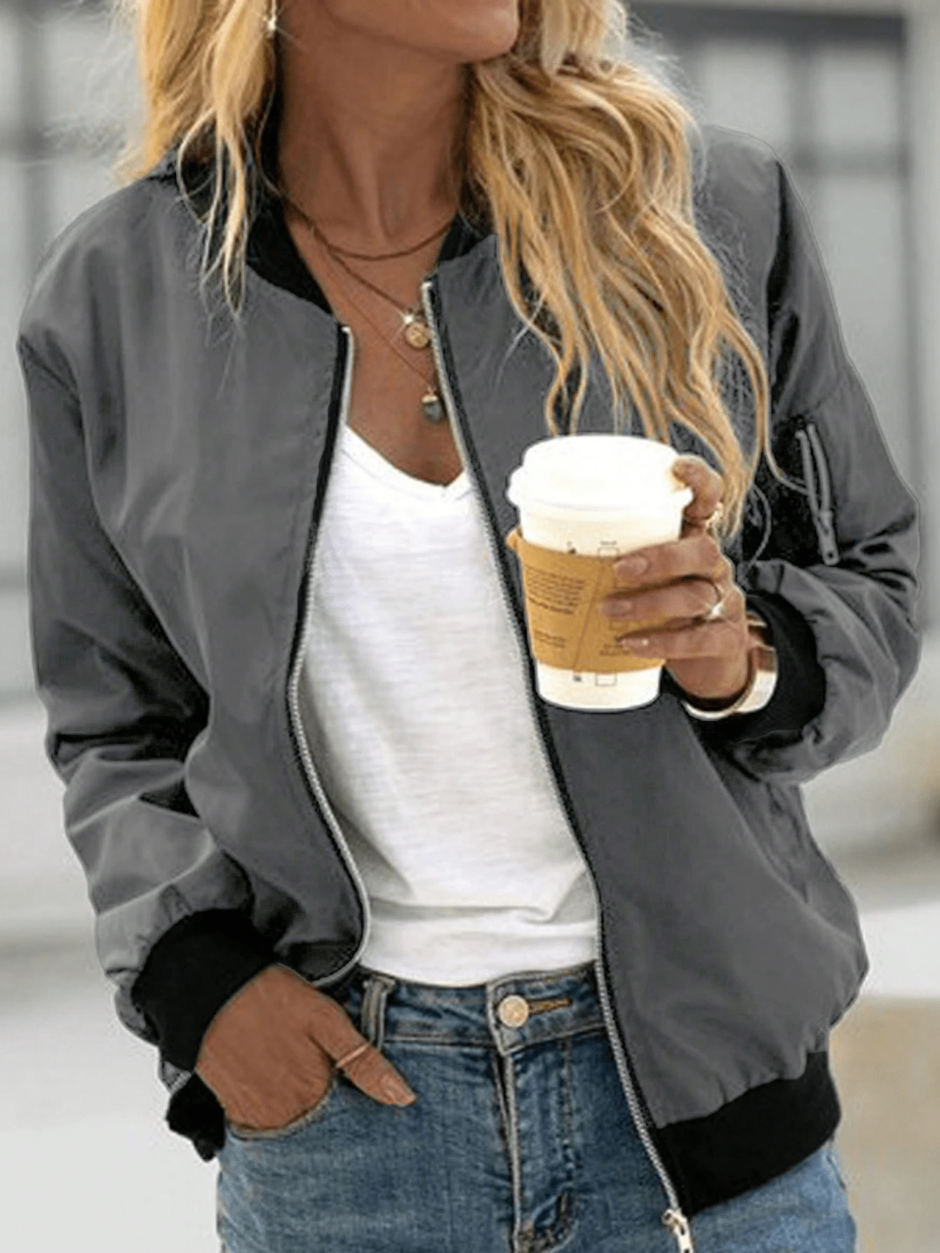 女士时尚棒球领拉链夹克，轻薄透气，适合春夏穿着 - 灰色 - 查看 1