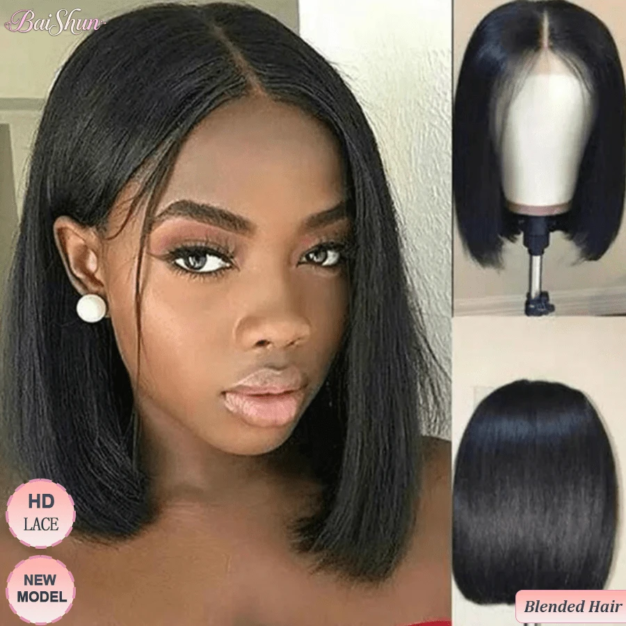 Tóc giả không cần keo, kiểu dáng Wear And Go, phần tóc mái bằng tóc thật, đã được tỉa sẵn, cắt tỉa, mật độ 200%, kích thước 5x5, chất liệu ren trong suốt HD, tóc thật pha trộn, dành cho nữ, tóc thẳng, không cần keo, màu đen tự nhiên.