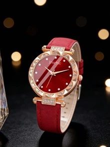 6/5件套女孩优雅时尚精准红钻表盘石英表，PU皮表带，搭配精美水晶项链、手链、戒指和耳环首饰套装，适合女孩在生日、节日、毕业典礼、校园活动、家庭聚会等场合佩戴，是母亲节或毕业礼物的完美之选。 - 彩色 - 查看 4