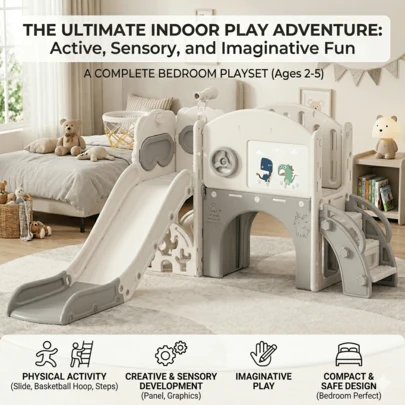 TONSSIDA Multifunctional Slide & Play Set (With Basketball Hoop) - Indoor Playground Featuring A Climbing Frame, Storage Space, And Playhouse