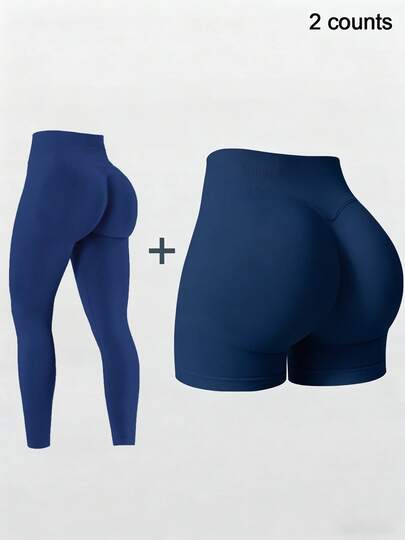 2Pcs Women'S Solid Color Versatile Seamless High Waist Tummy Control Lifting Sports Pants & Shorts Tights Black Spring,Women's Butt Lifting Tummy Control Seamless High Waist Sports Pants, Yoga Leggings / Biker Shorts