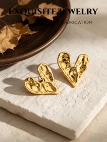 Khuyên tai nữ hình trái tim dập nổi, mạ vàng 18K, bằng thép không gỉ, kiểu dáng đơn giản, chống dị ứng, không đính đá quý, trang sức vàng. - Bông tai hình trái tim - Xem 1