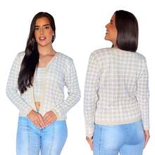 Conjunto Feminino Tricot Pied Poule Casaco Manga Longa + Top Moda Inverno Elegante - Areia - Visão 6