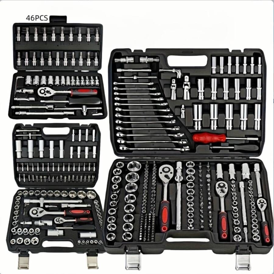 1 Set de Kit de herramientas de reparación automotriz de alta calidad, Juego de accesorios de reparación multifuncional, Caja de herramientas multifuncional portátil, que incluye llave de torsión de trinquete y destornillador, Caja de herramientas de reparación portátil para automóviles y motocicletas - Juego de 46 piezas - Ver 1